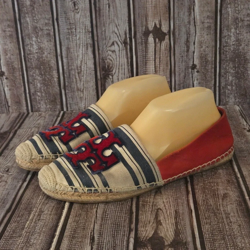 Sz 10 Tory Burch Ines Red Blue Stripe Canvas/ Leather Flat Espadrille Shoes